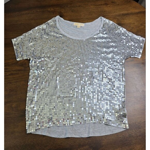 Michael Kors Top Womens Large Gray Sequin Short Sleeve Rayon Large - Picture 1 of 10